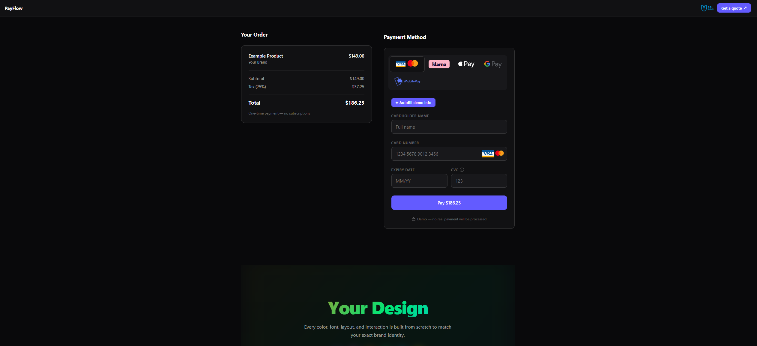 PayFlow — Full-control checkout — every method, page, and redirect built from scratch instead of a hosted PSP page