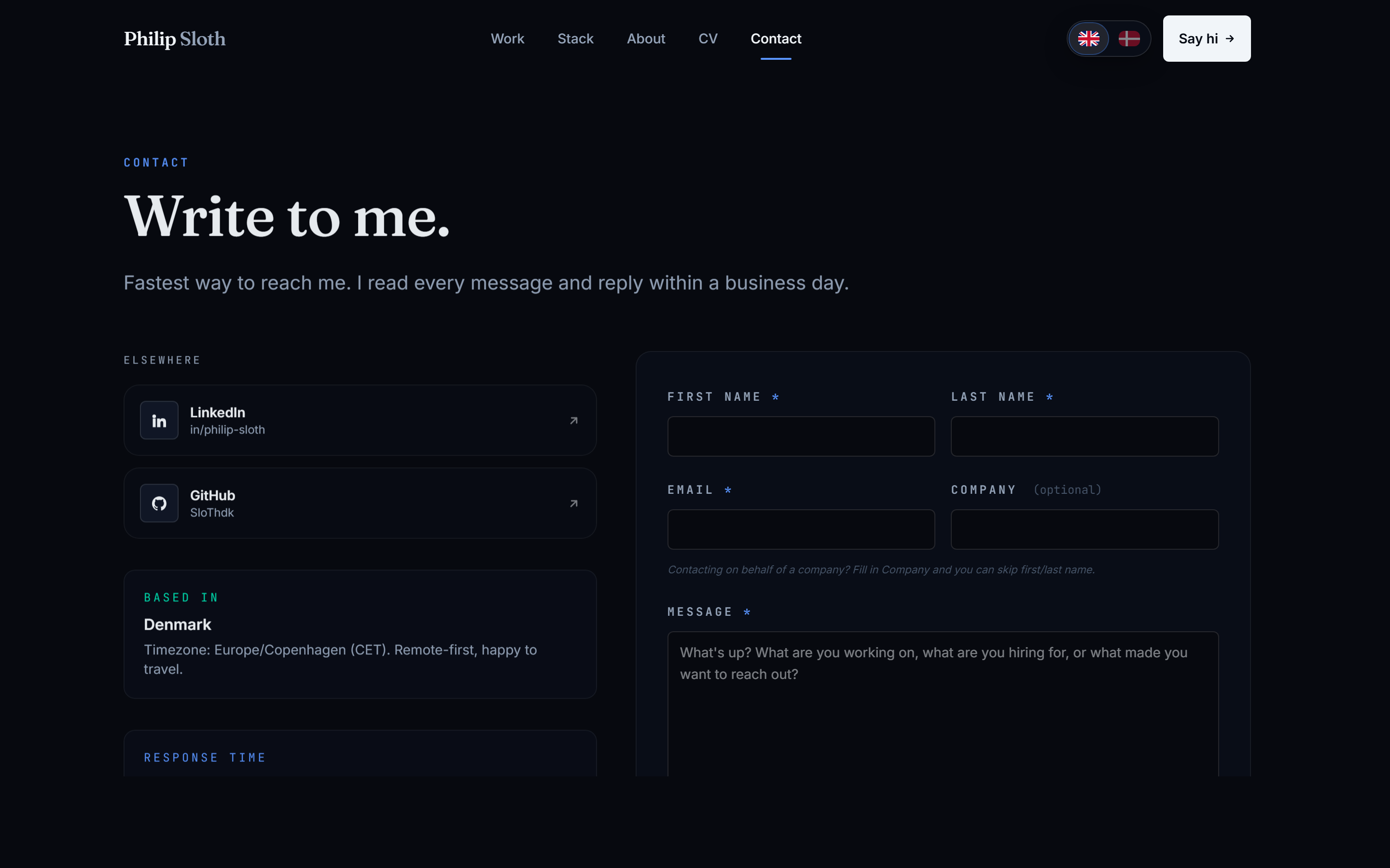 Philip Sloth Portfolio — Contact form — validates, emails, and writes to the database in one round trip
