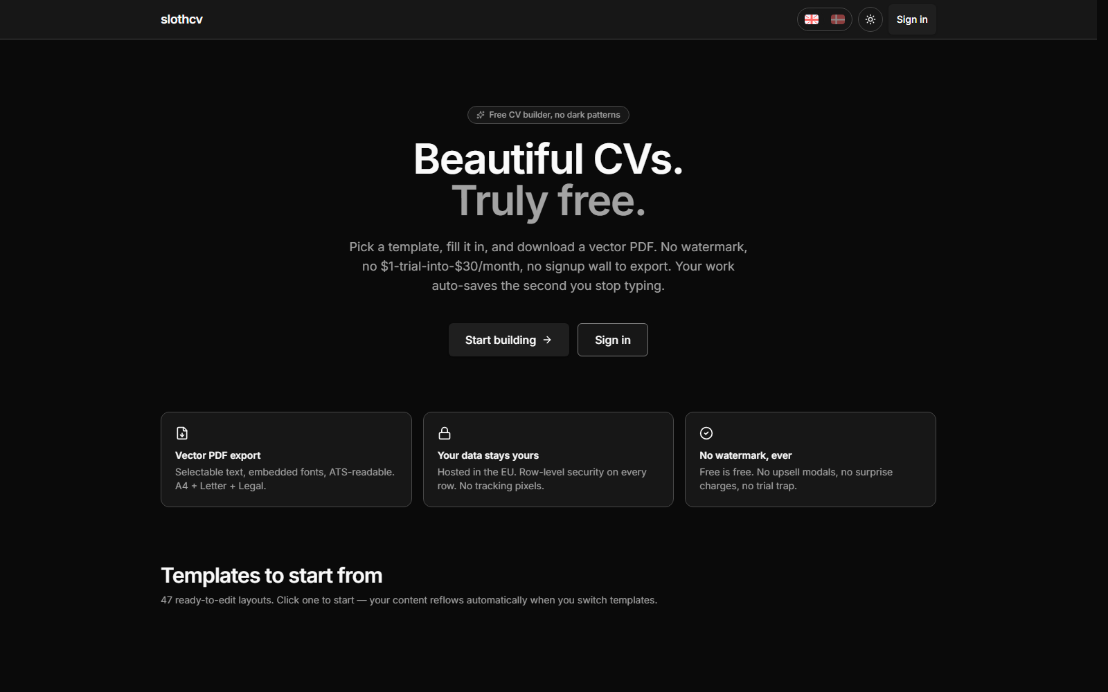 SlothCV — Free CV builder. PDF rendered in your browser, RLS verified in CI, provider-separation enforced by a Postgres trigger.