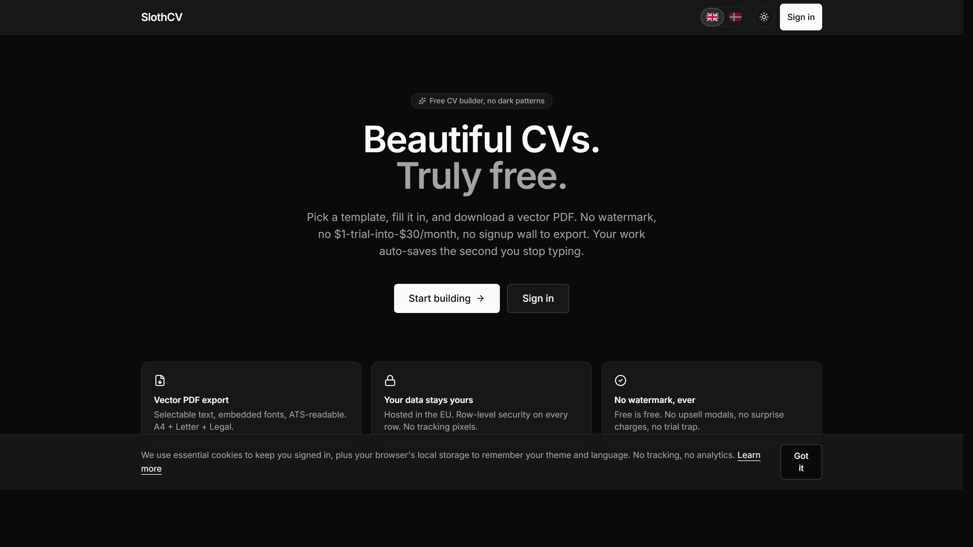 SlothCV — The public landing — free CV builder, no upsell, vector PDF export, with the three trust pills (vector PDF, EU data residency, no watermark) directly under the fold